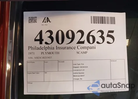 1971 Plymouth Scamp from USA, damaged, VIN VH23C1R215437